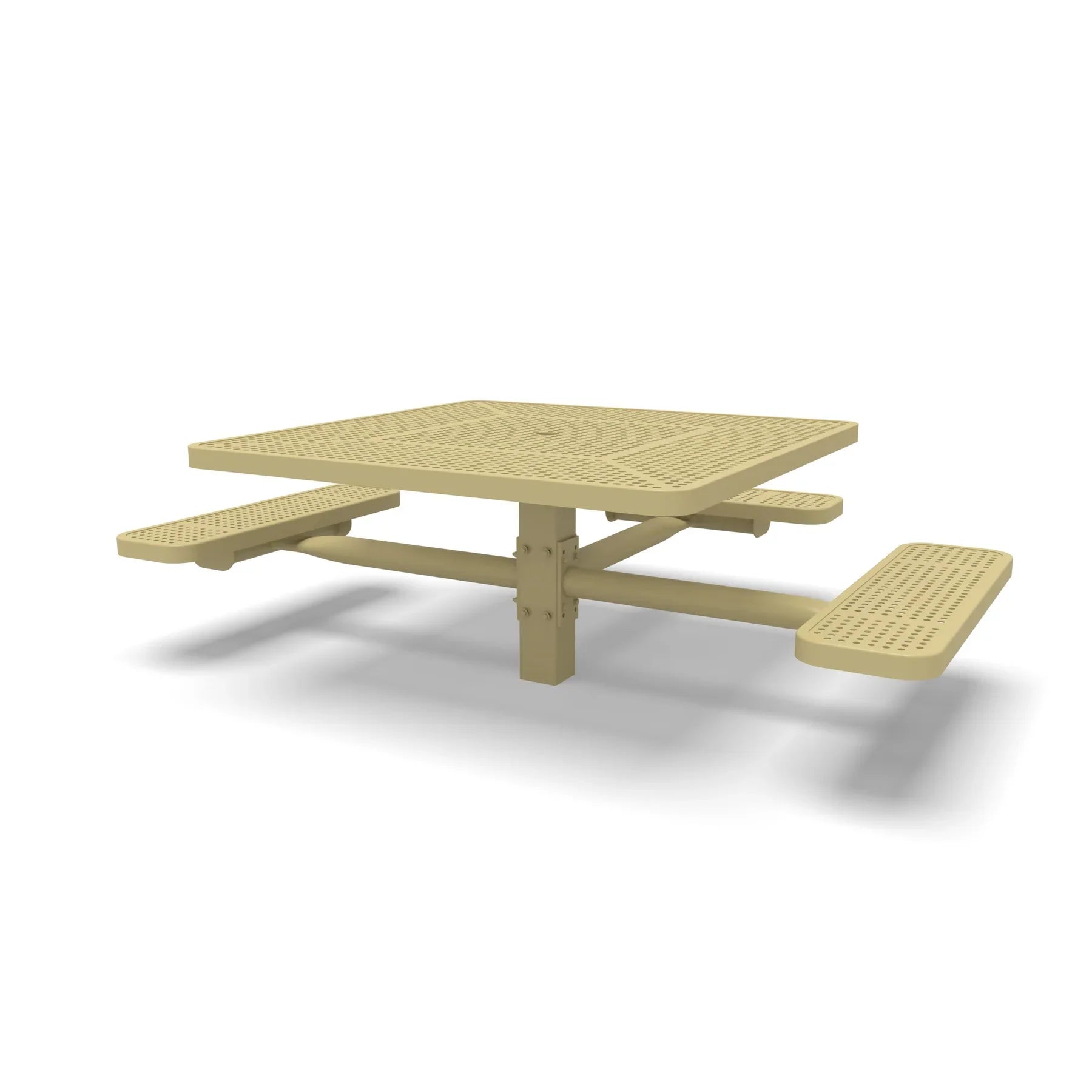 Sand Wabash Valley Signature Square Pedestal Picnic Table, Perforated, Standard - ADA Accessible - Inground - 46 Inch, in plastisol-coated steel, model SG235P, square outdoor dining table