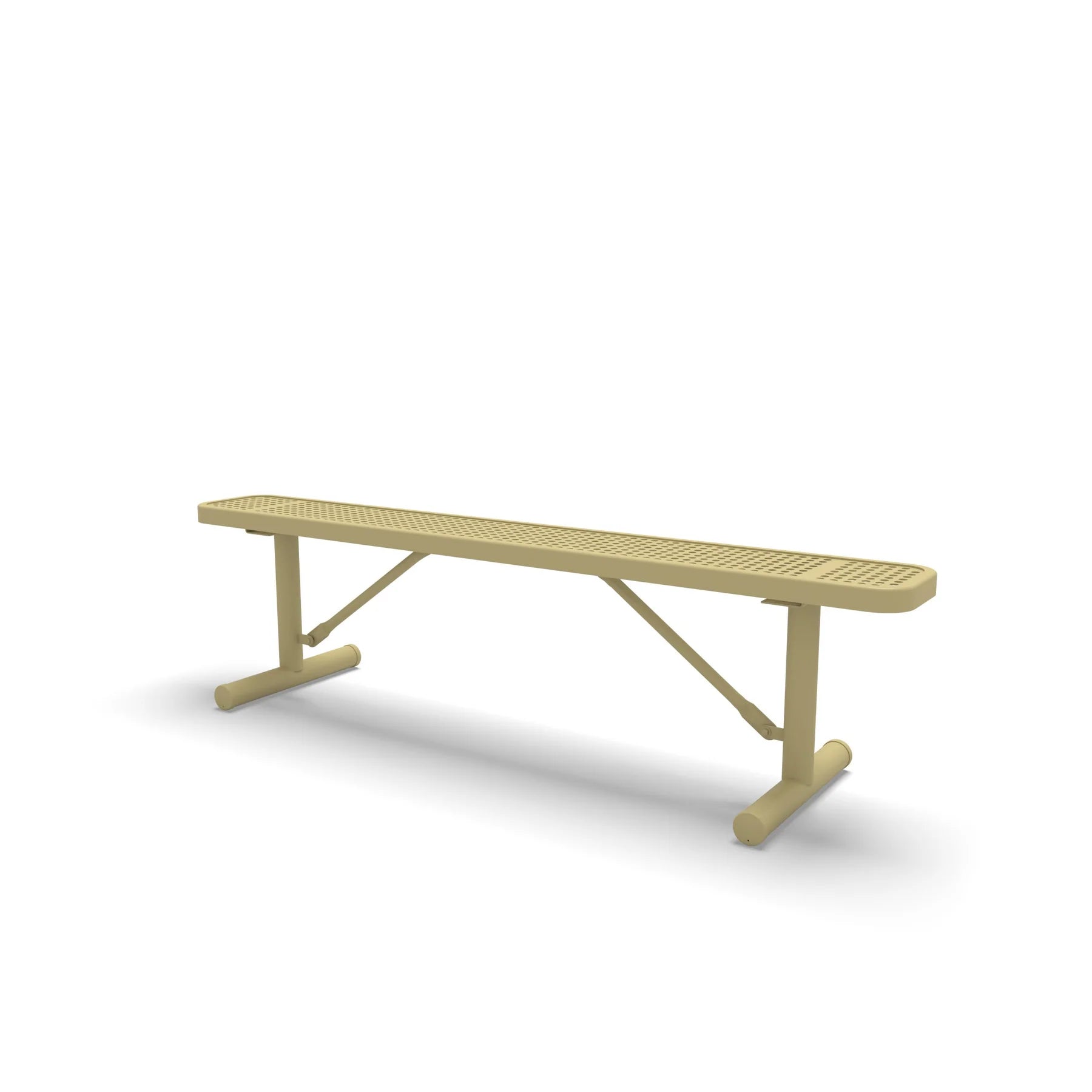 Sand Wabash Valley Signature Steel Backless Bench, Perforated, 6' Portable with braced legs, solid sand, plastisol-coated steel, outdoor seating bench