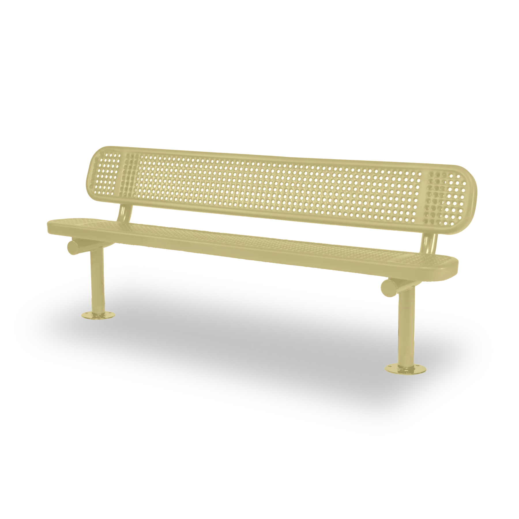 Sand Wabash Valley Signature Steel Bench, Perforated seat and back, Surface Mount base plates, perforated metal bench