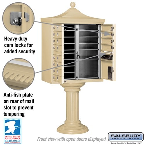 Sand Stone Salsbury USPS Decorative Mailbox Cluster Unit with 12 Doors and Parcel Locker Features Image with anti-fish plates, and heavy duty cam locks.