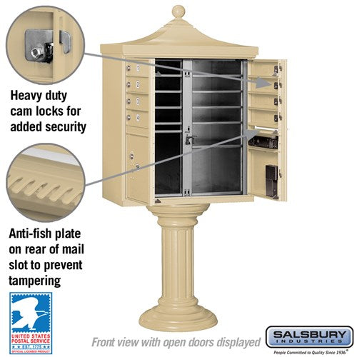 Sand Stone Salsbury USPS Decorative Mailbox Cluster Unit with 8 Doors and 2 Parcel Lockers Features Image with anti-fish plate and heavy duty cam locks