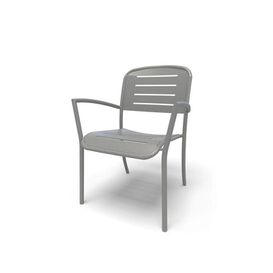Silver frame Hanna slat dining chair with arms, powder-coated aluminum, model HA9119P, modern outdoor dining chairs