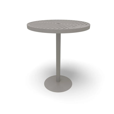 Silver Hanna slat round bar table, powder-coated aluminum top on a steel pedestal, model HAAI79P, outdoor round bar table