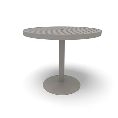 Silver Hanna slat round dining table, powder-coated aluminum top on a steel pedestal, model HA2I79P, round bistro table