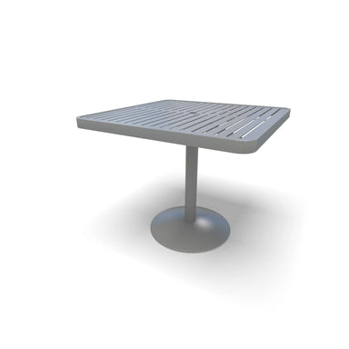 Silver Hanna slat square dining table, powder-coated aluminum top on a steel pedestal, model HA2V79P, square outdoor table