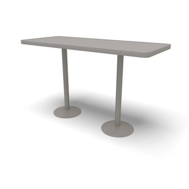 Silver Hanna solid top 30 x 72 bar table, powder-coated aluminum top on two steel pedestals, model HAA5E7P, standing bar table