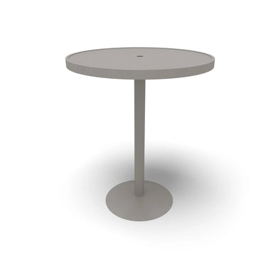 Silver Hanna solid top round bar table, powder-coated aluminum top on a steel pedestal, model HAAI77P, metal bar table
