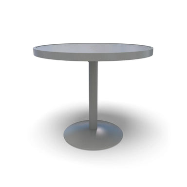 Silver Hanna solid top round dining table, powder-coated aluminum top on a steel pedestal, model HA2I77P, metal patio table
