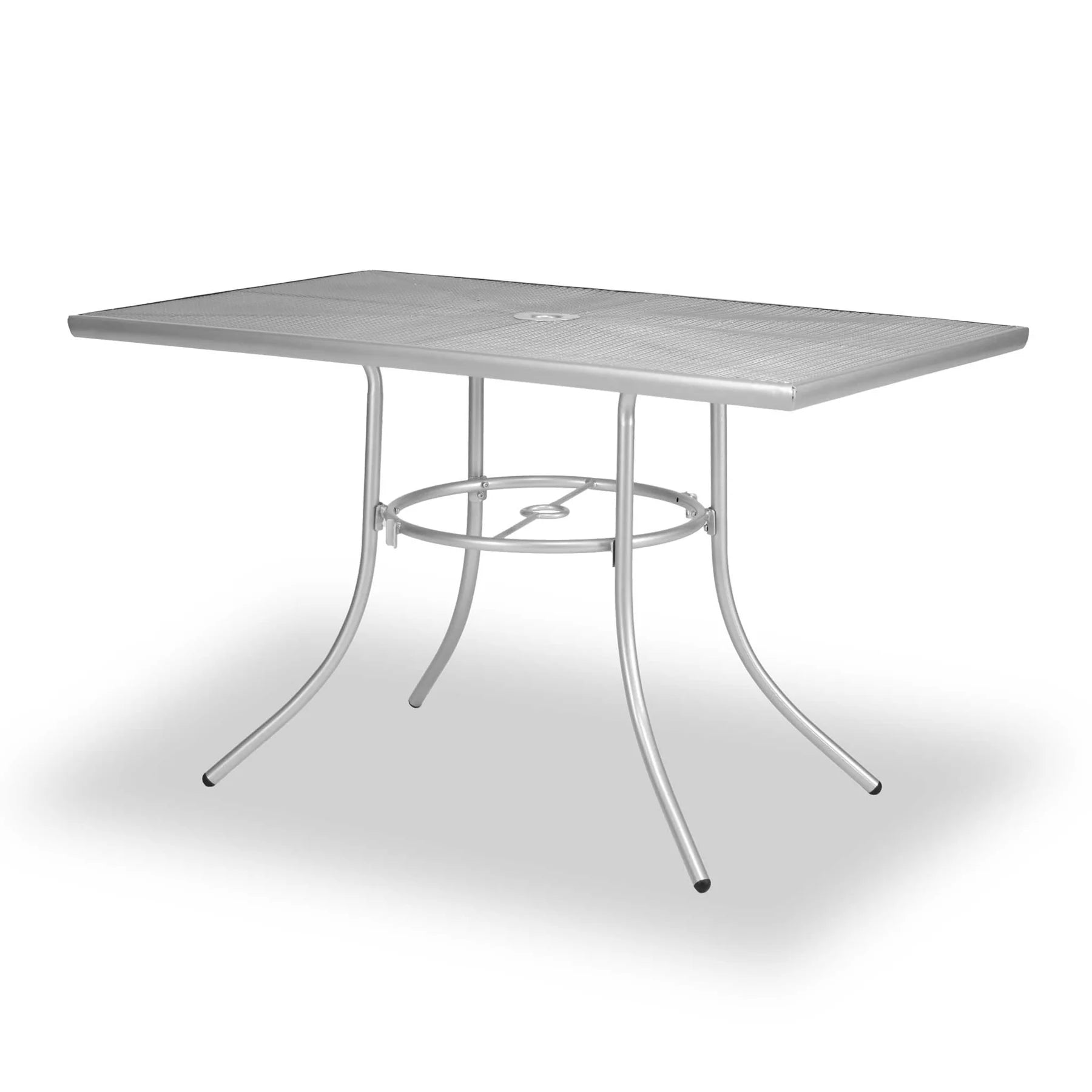 Silver Sullivan 30 x 48 steel mesh patio table, powder-coated steel, model SU2Z38P, commercial patio set