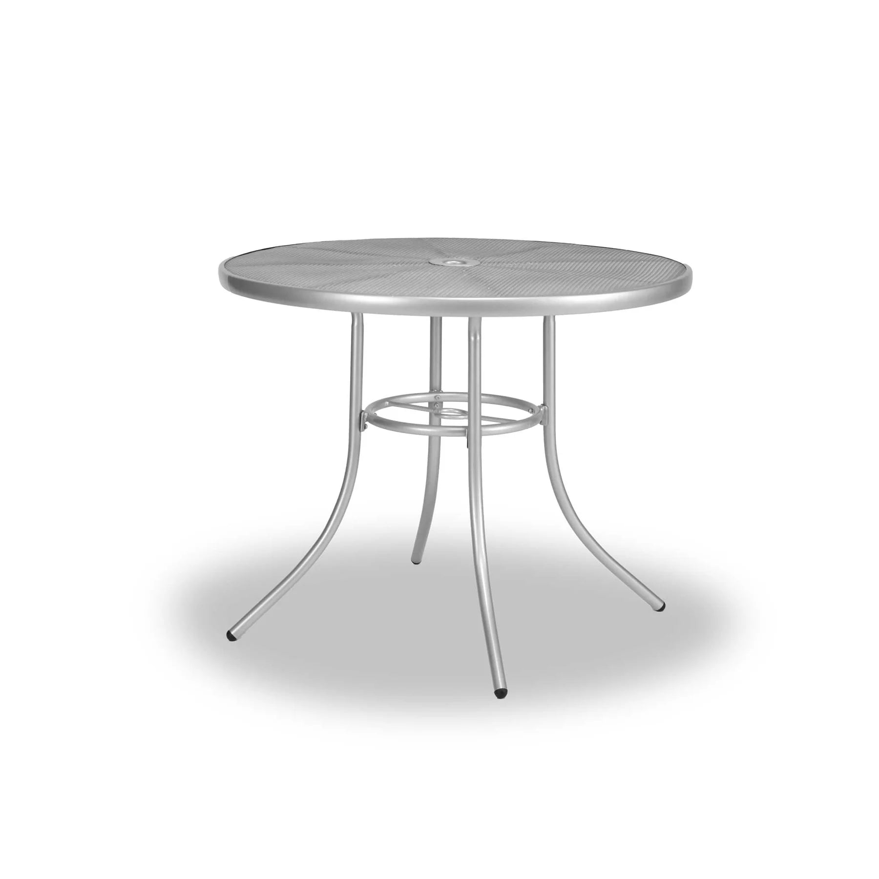 Silver 36 inch Sullivan round steel mesh patio table, powder-coated steel, model SU2I38P, outdoor patio table