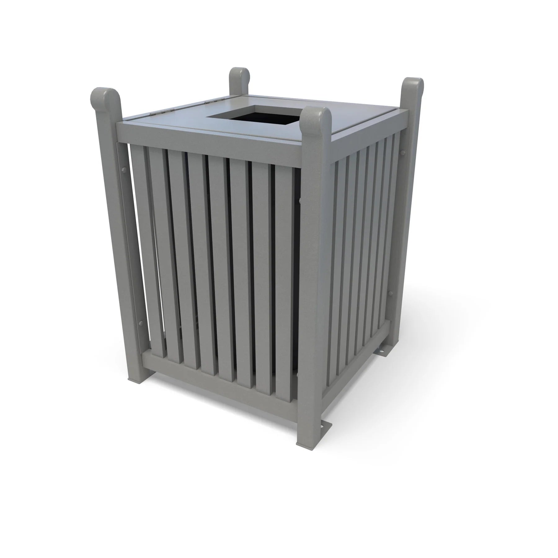 Silver Wabash Valley 32 Gal. Yorktown Trash Receptacle, slatted aluminum body, hinged lid with a 10 inch square opening, model YO3F33C, aluminum trash can