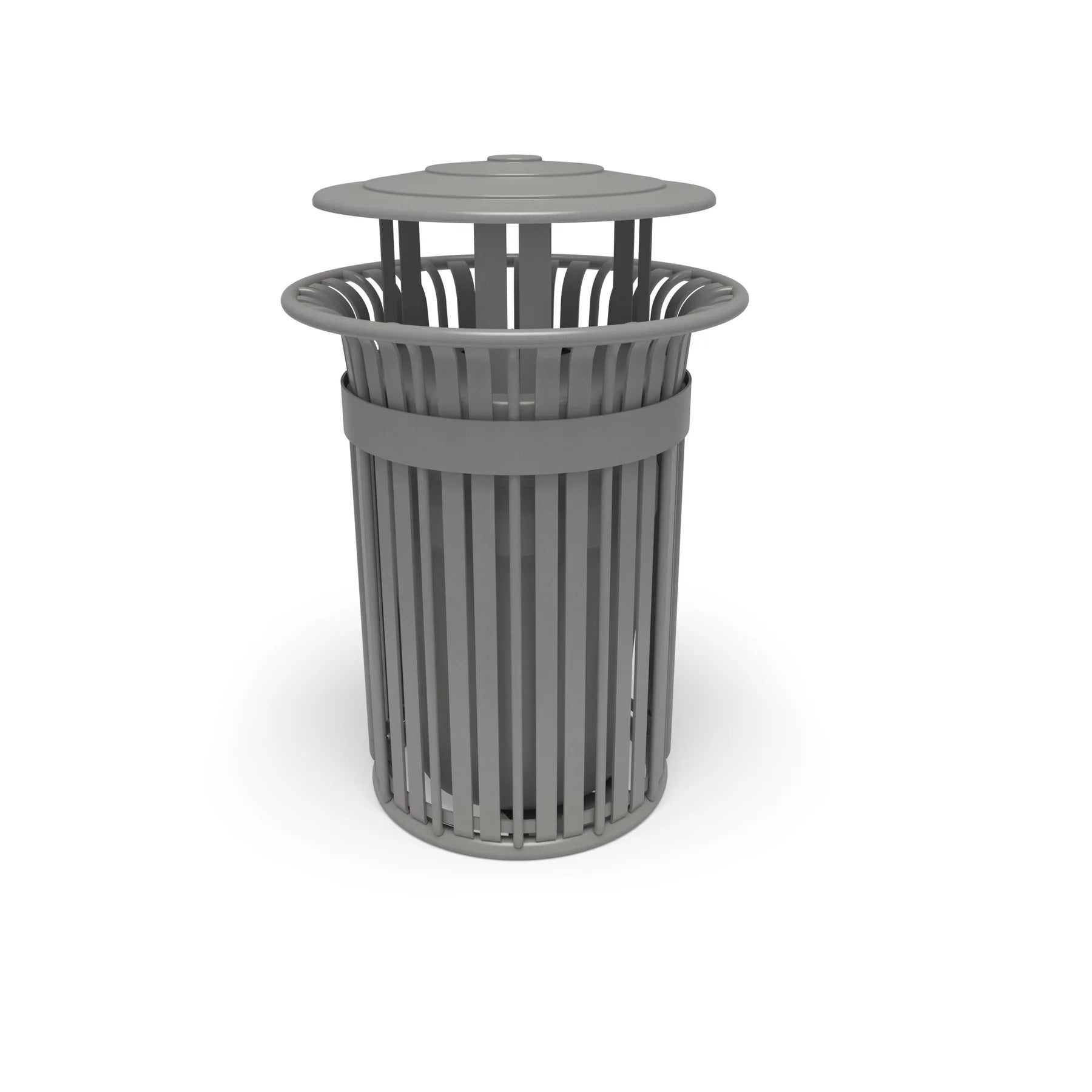 Silver Wabash Valley Oxford Commercial Trash Receptacle, No Side Opening, slatted aluminum body and bonnet lid, liner included, model TJ3B33P, sidewalk trash can