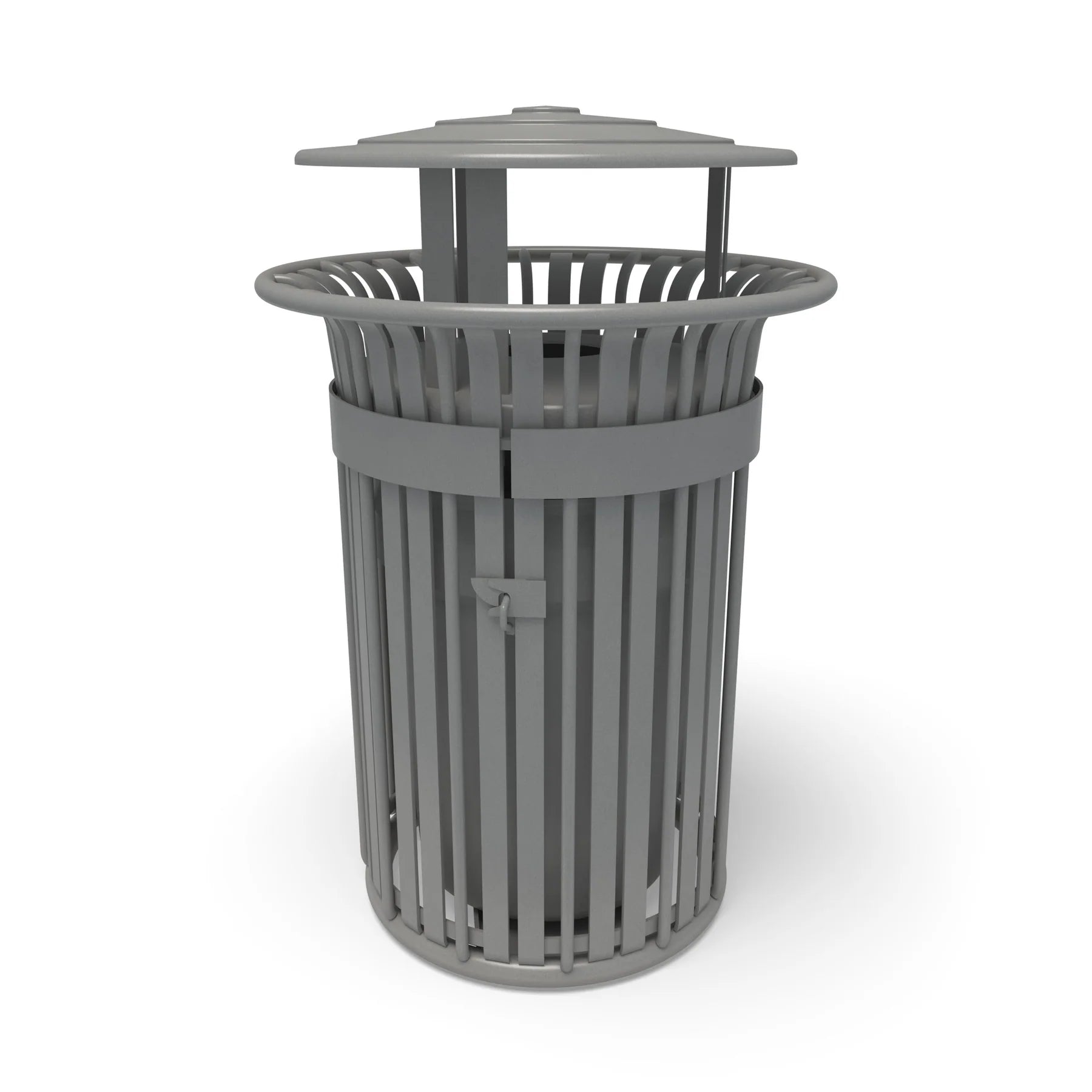 Silver Wabash Valley Oxford Commercial Trash Receptacle, With Side Opening, slatted aluminum body and bonnet lid, liner included, model TJ3B43P, commercial waste receptacle