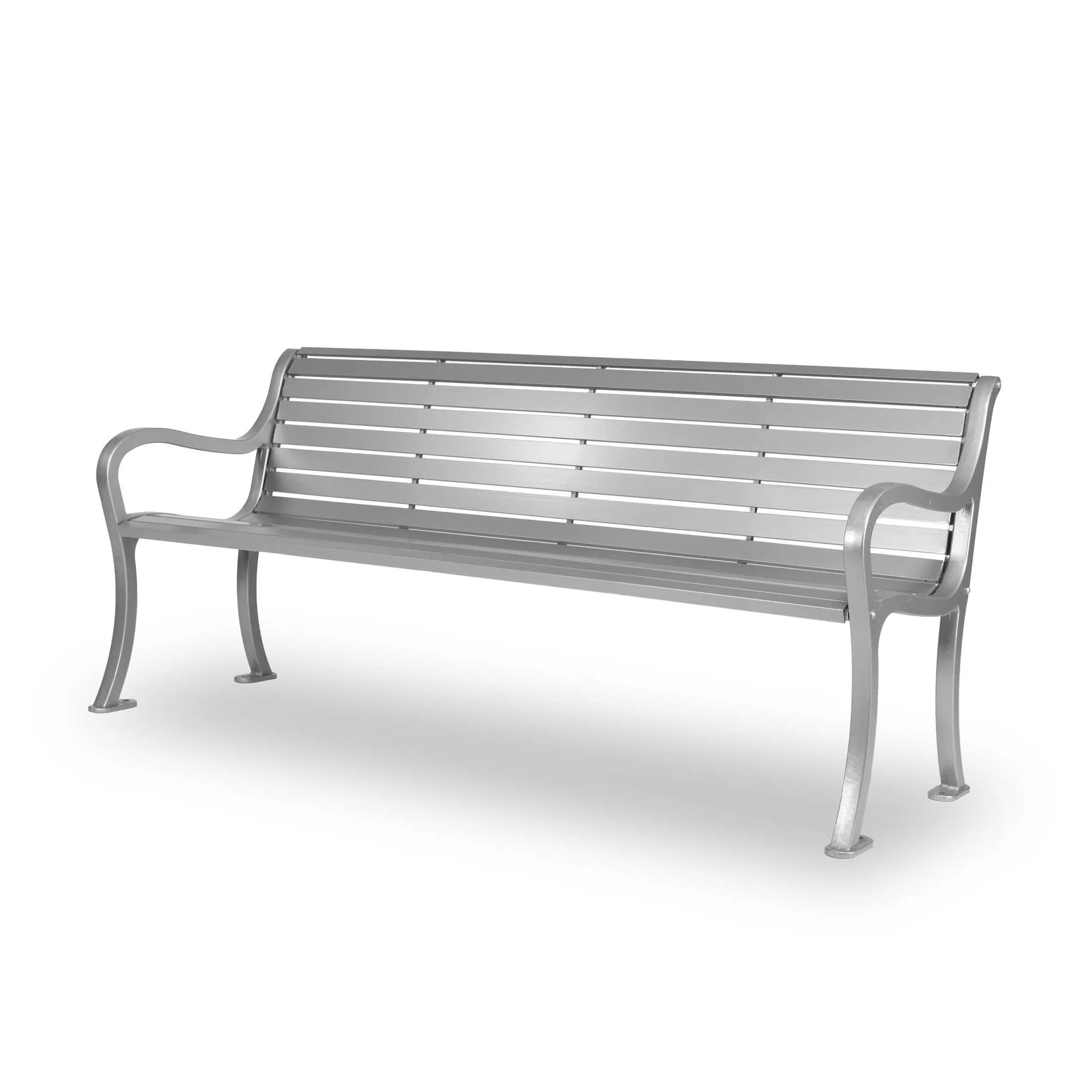 Silver Wabash Valley Steel Covington Bench, horizontal slat aluminum seat, cast aluminum frame, model CO1119C, outdoor park bench