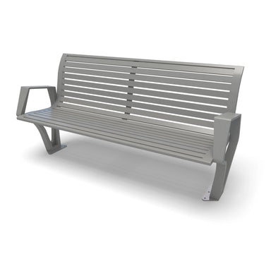 Silver Wabash Valley Woodridge Aluminum Bench, horizontal slat seat and back, cast aluminum legs, surface mount, model WO1119S, sculptural bench