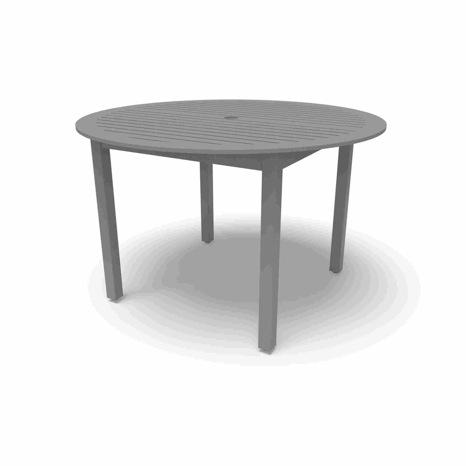 Silver Yorktown 48 inch round aluminum slat table, powder-coated aluminum, model YO2G33C, round patio table with umbrella hole