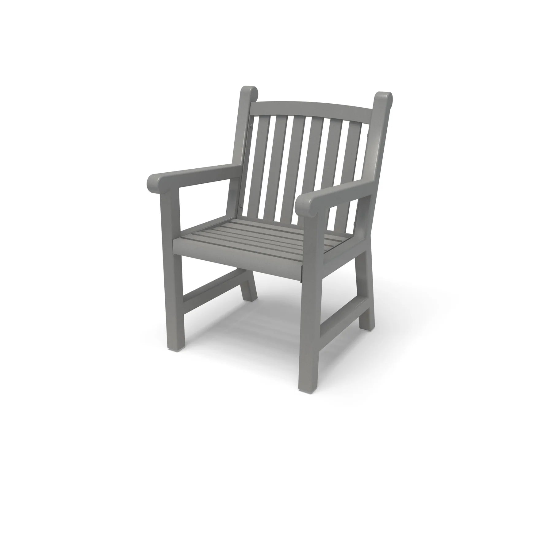 Silver Yorktown aluminum slat dining chair with arms, powder-coated aluminum, model YO9113C, heavy duty patio furniture