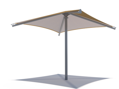 Outdoor Single Post Pyramid umbrella with beige canopy and gray base on a white background