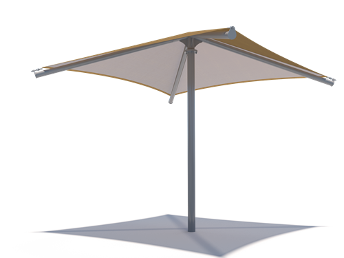 Outdoor Single Post Pyramid umbrella with beige canopy and gray base on a white background