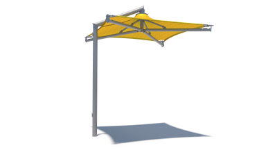 Yellow outdoor USA Shade Solana Cantilever with a gray pole on a white background