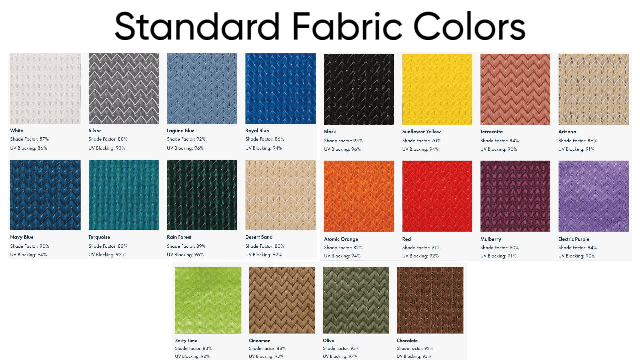 Chart displaying standard Shade fabric colors with corresponding color names and codes.