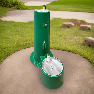 Stern-Williams 5325-90 Standard Outdoor Drinking Water Fountain with Pet Fountain Attached with grass and pathway in the background