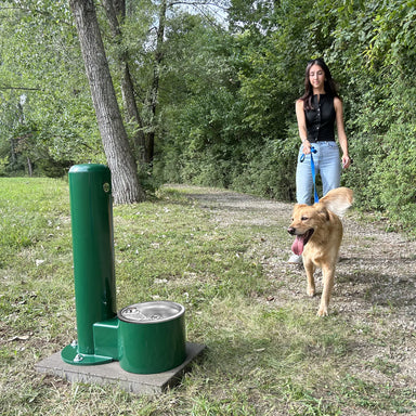 Stern-Williams 9000 Dog Park Pet Water Fountain with Dog and Human about to Drink