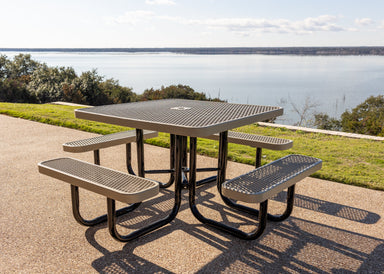 Tan MyTCoat Square Portable Picnic Tables with Lake Background