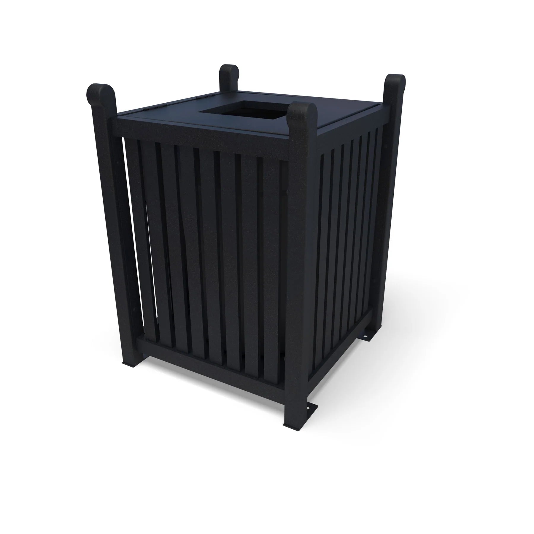 Textured Black Wabash Valley 32 Gal. Yorktown Trash Receptacle, slatted aluminum body, hinged lid with a 10 inch square opening, model YO3F33C, decorative outdoor trash can