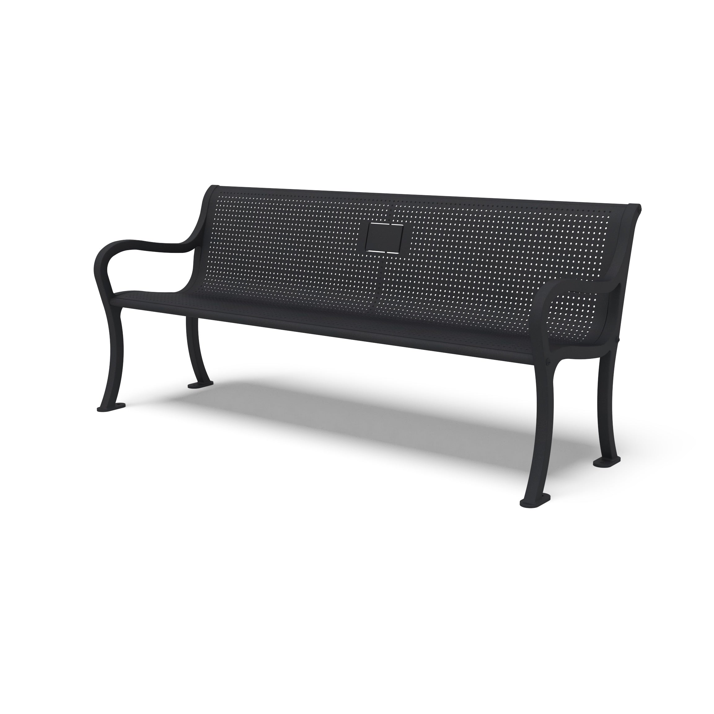 Textured Black Wabash Valley Covington Memorial Bench, round perforated steel seat, cast aluminum frame, plaque on the backrest, model COJ116C, memorial benches for sale