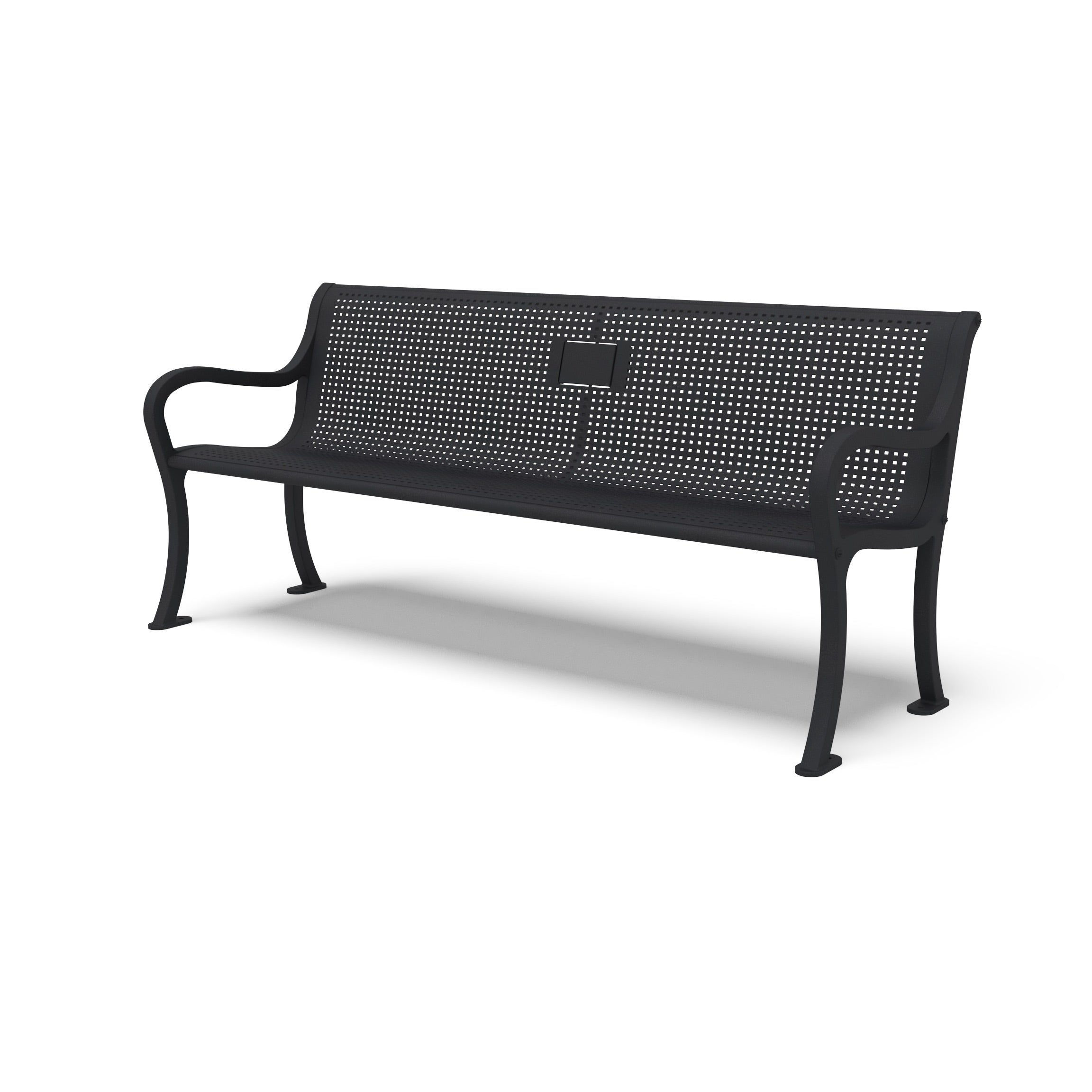 Textured Black Wabash Valley Covington Memorial Bench, square perforated steel seat, cast aluminum frame, plaque on the backrest, model COJ111C, remembrance bench