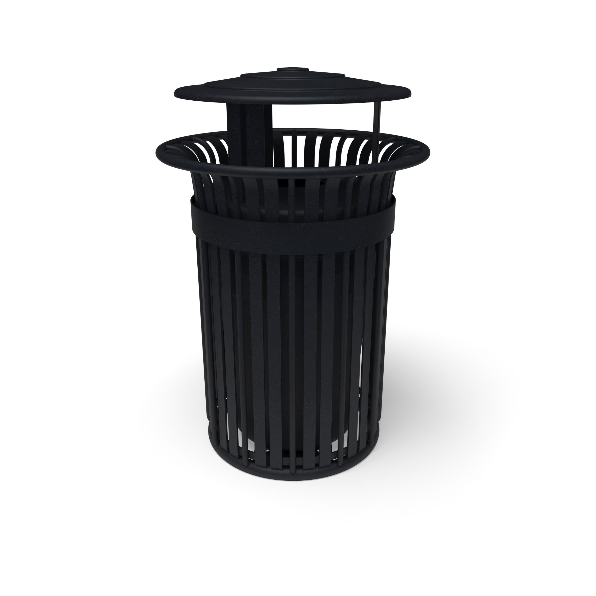 Textured Black Wabash Valley Oxford Commercial Trash Receptacle, No Side Opening, slatted aluminum body and bonnet lid, liner included, model TJ3B33P, public trash can