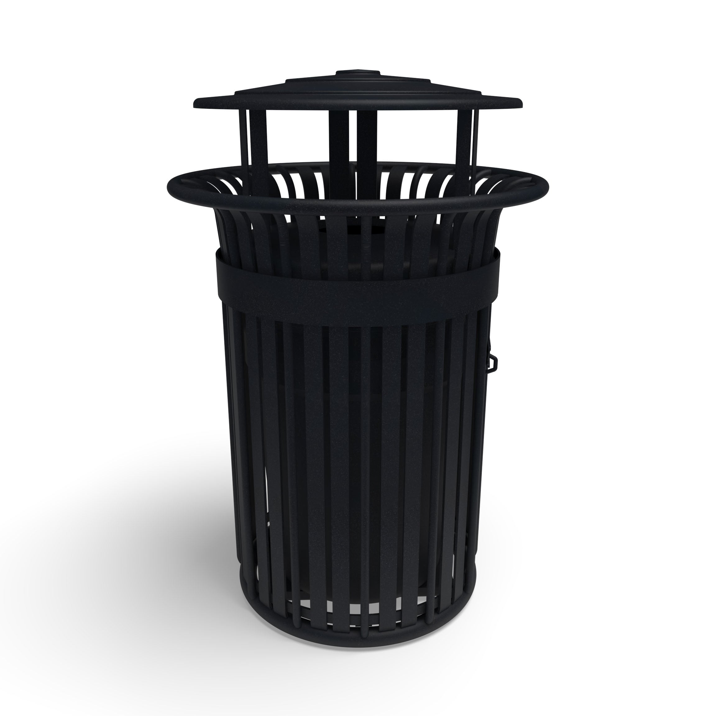 Textured Black Wabash Valley Oxford Commercial Trash Receptacle, With Side Opening, slatted aluminum body and bonnet lid, liner included, model TJ3B43P, modern outdoor trash can