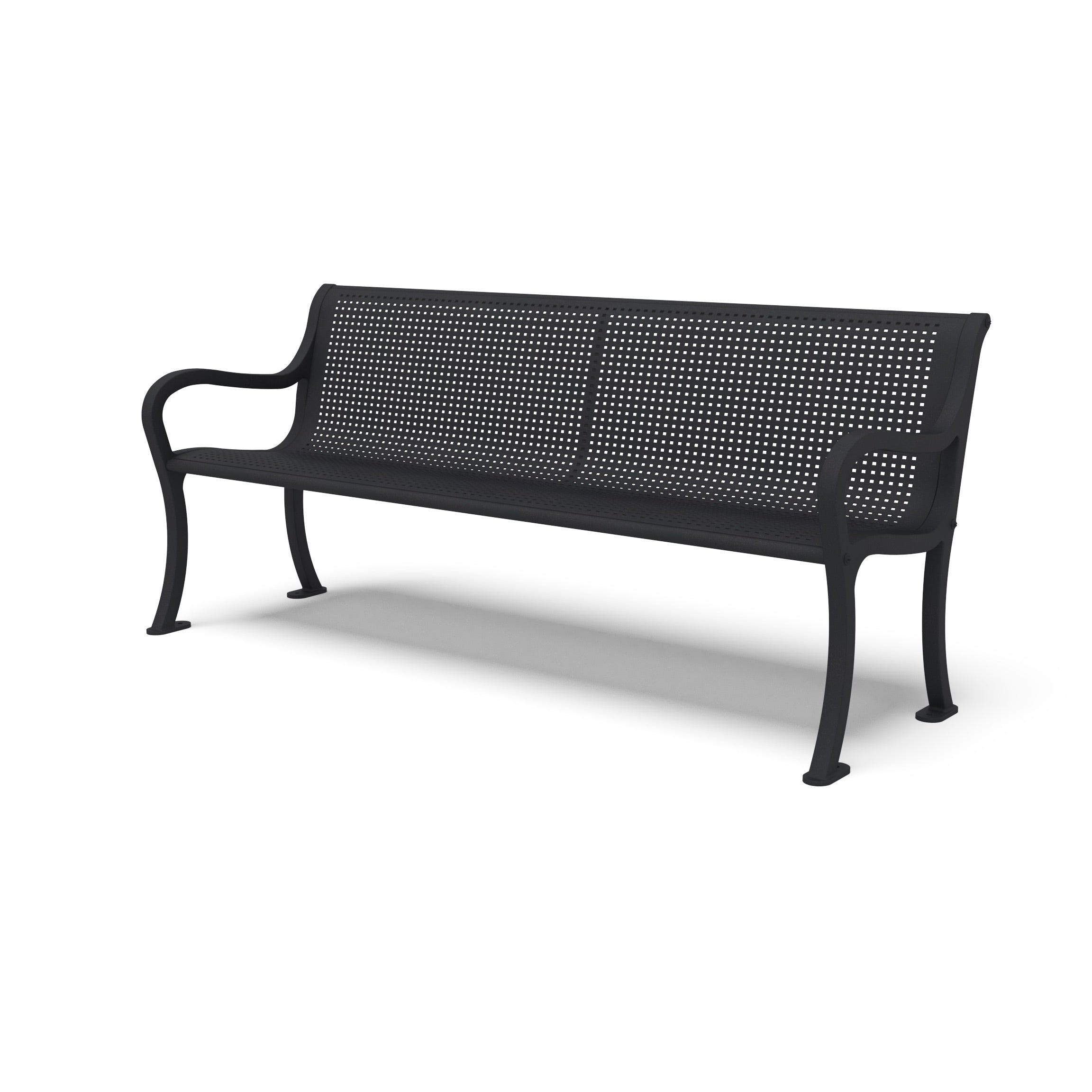 Textured Black Wabash Valley Steel Covington Bench, square perforated steel seat, cast aluminum frame, model CO1111C, black metal bench
