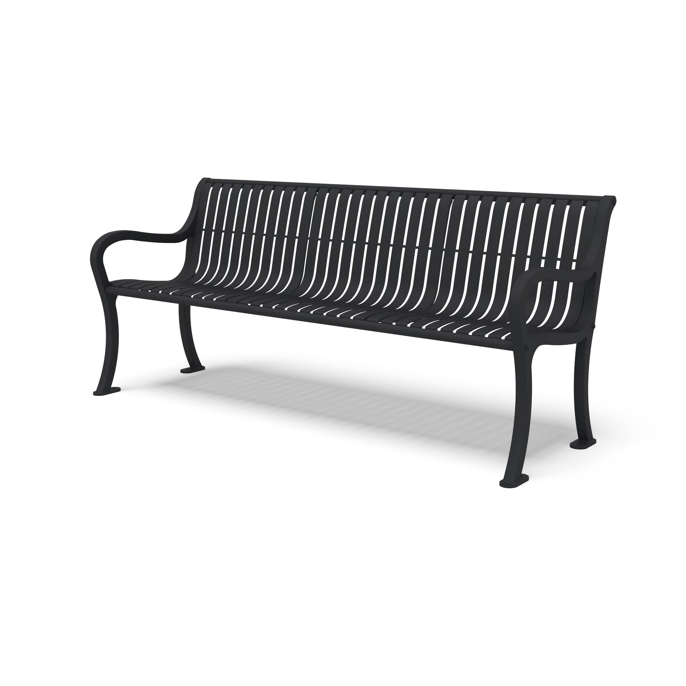 Textured Black Wabash Valley Steel Covington Bench, vertical slat steel seat, cast aluminum frame, model CO1113C, outdoor park bench