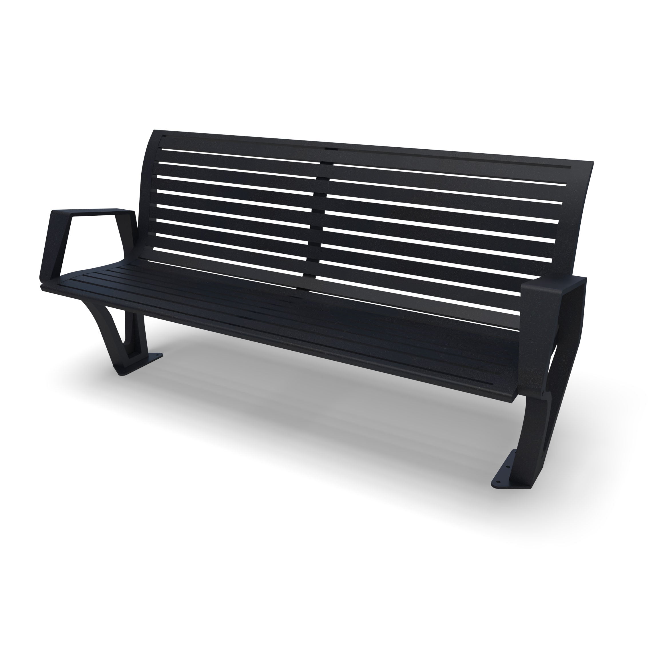 Textured Black Wabash Valley Woodridge Aluminum Bench, horizontal slat seat and back, cast aluminum legs, surface mount, model WO1119S, sculptural bench