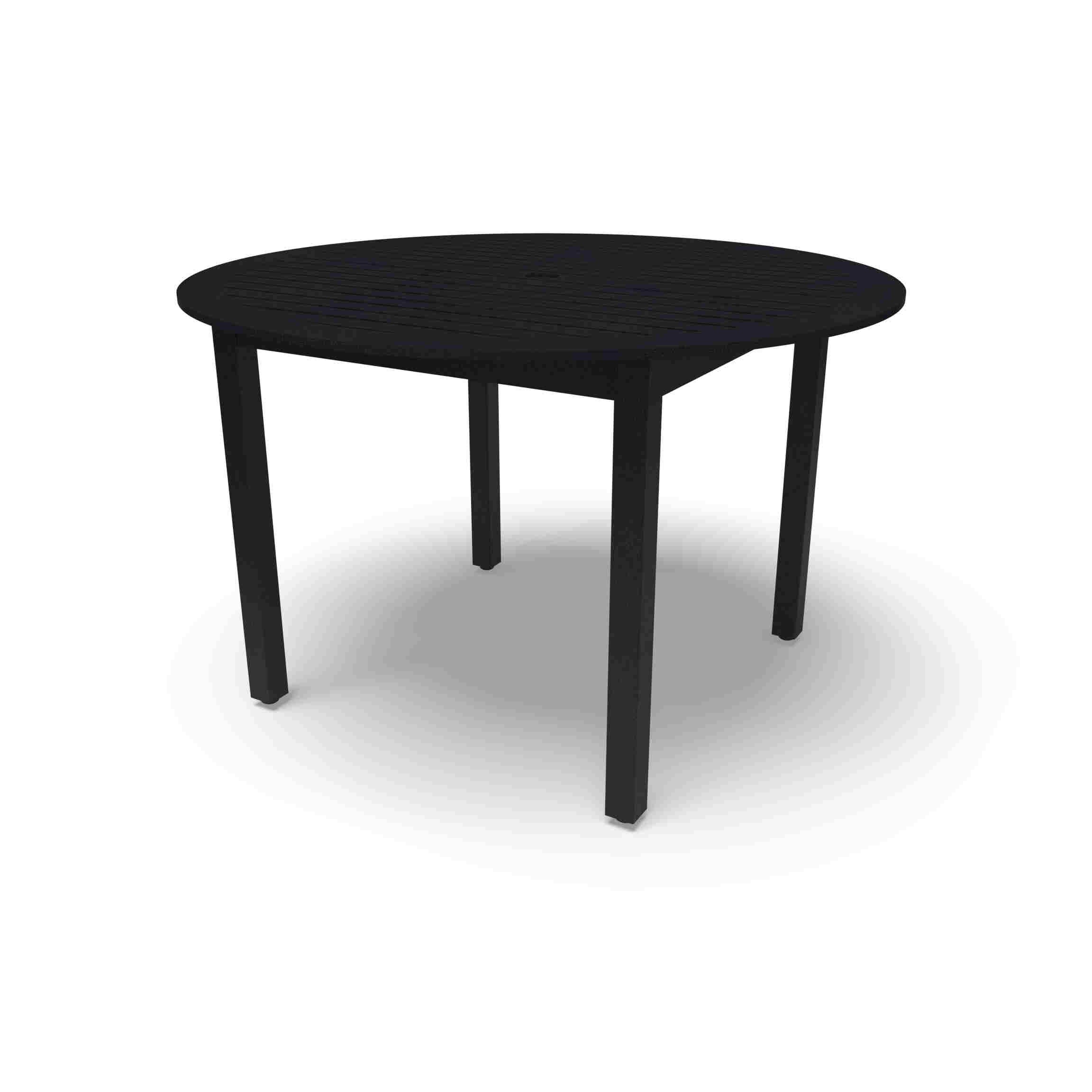Textured Black Yorktown 48 inch round aluminum slat table, powder-coated aluminum, model YO2G33C, aluminum outdoor dining table