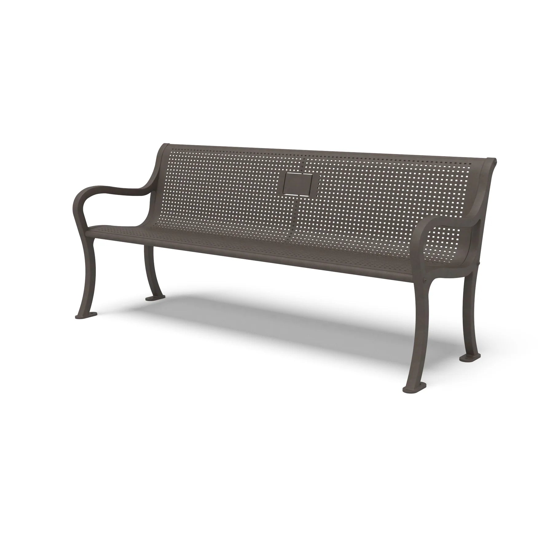 Textured Bronze Wabash Valley Covington Memorial Bench, square perforated steel seat, cast aluminum frame, plaque on the backrest, model COJ111C, in memory bench