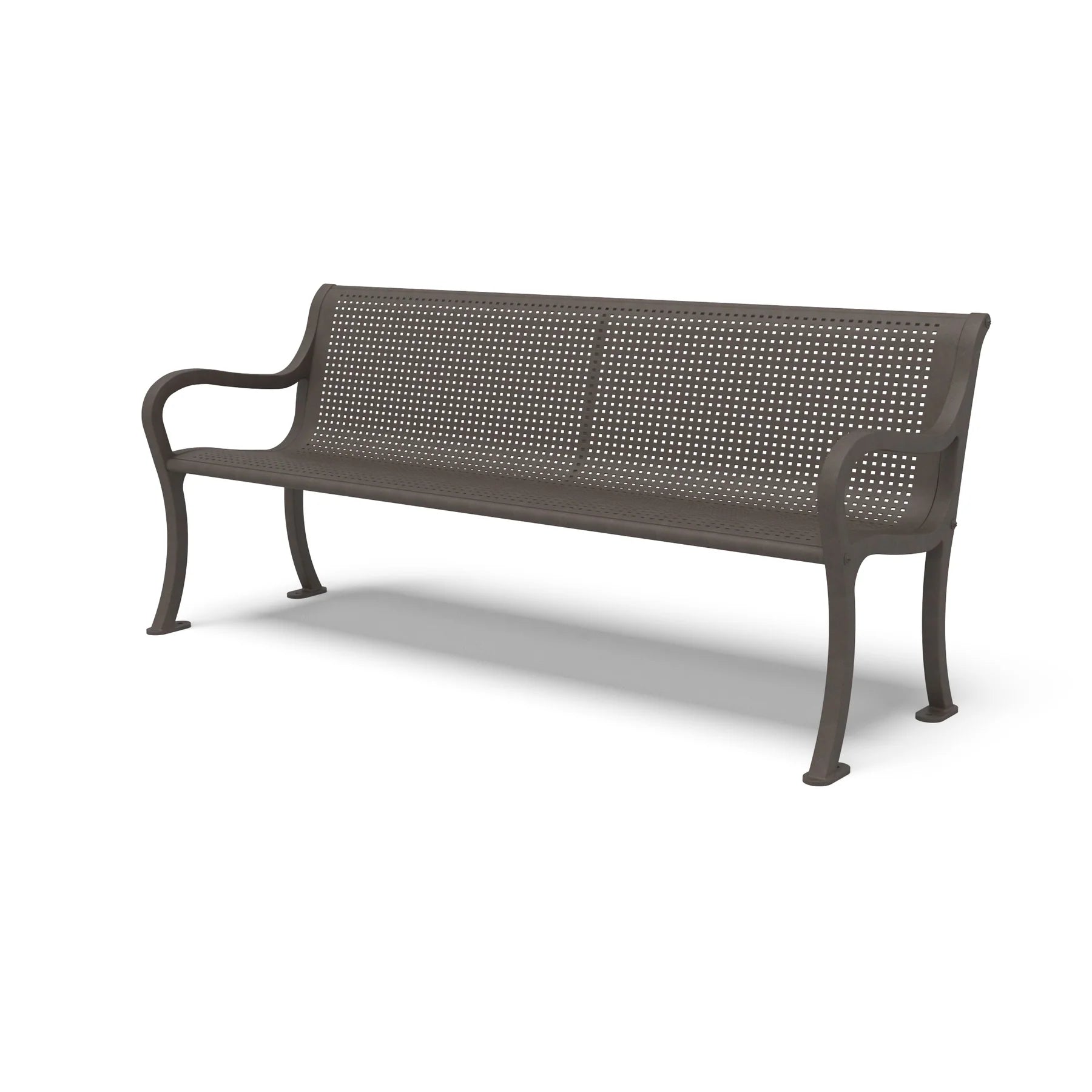 Textured Bronze Wabash Valley Steel Covington Bench, square perforated steel seat, cast aluminum frame, model CO1111C, outdoor park bench