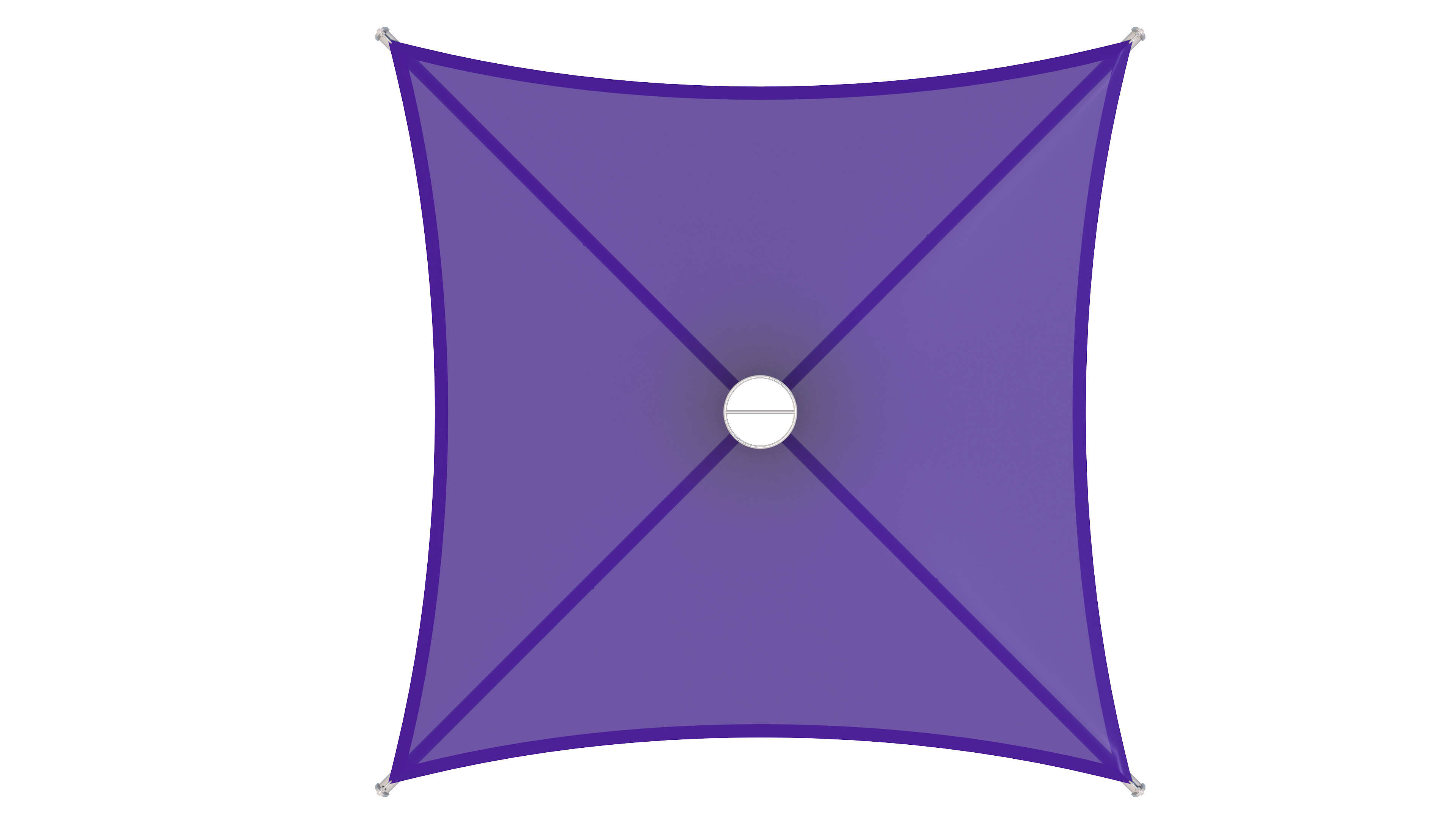 top view of Purple square USA Shade 4-point Twilite Umbrella with a white center on a white background