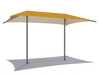 Yellow and gray outdoor USA Shade Two Post Hip Shade Structure on a white background eye level angle