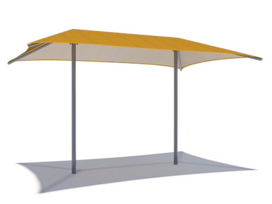Yellow and gray outdoor USA Shade Two Post Hip Shade Structure on a white background eye level angle