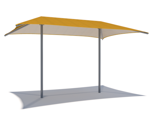Yellow and gray outdoor USA Shade Two Post Hip Shade Structure on a white background eye level angle
