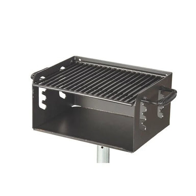 Wabash Valley Anti-Theft Park Grill, model GR101N, black enamel steel firebox with a locked-in adjustable grate on an inground post, permanent outdoor grill