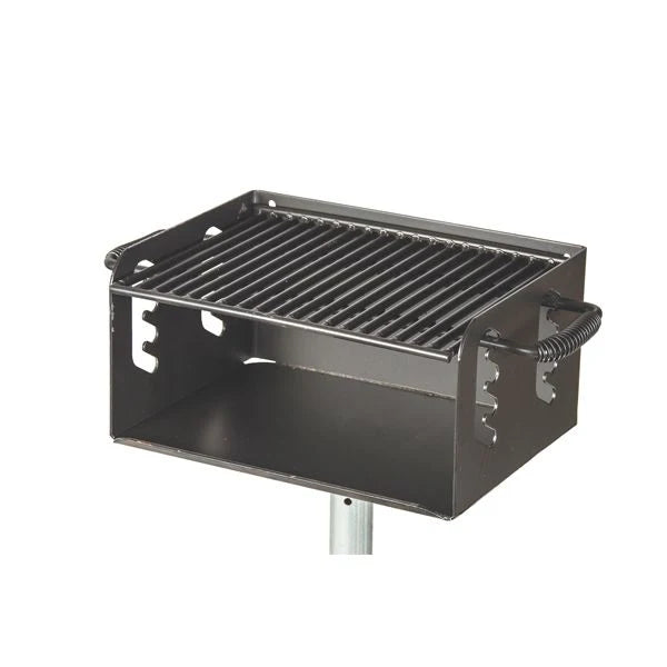 Wabash Valley Anti-Theft Park Grill, model GR101N, black enamel steel firebox with a locked-in adjustable grate on an inground post, permanent outdoor grill