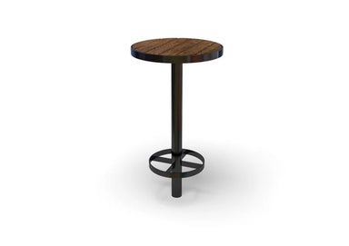 Wabash Valley Commercial Outdoor Thermory Wood Bar Height Table, Inground, round Thermory ash slat top and steel foot ring on a post set in concrete, model FA360N, outdoor wood bar table