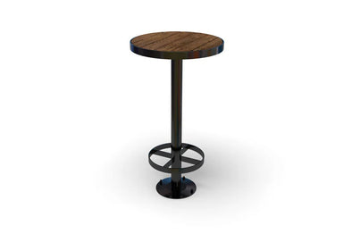 Wabash Valley Commercial Outdoor Thermory Wood Bar Height Table, Surface, round Thermory ash slat top and steel foot ring on a bolt-down base plate, model FA380N, wood high top table