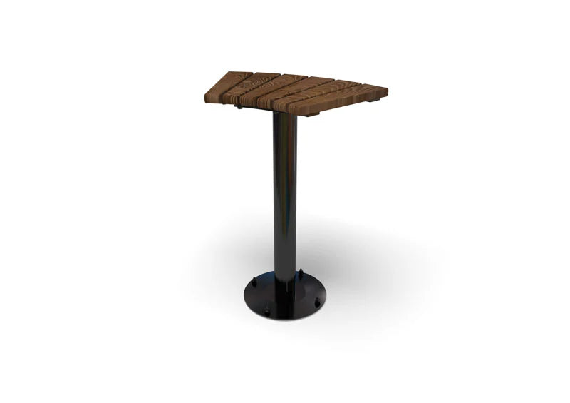 Wabash Valley Commercial Outdoor Thermory Wood Bar Stool, curved Thermory ash slat seat on a steel post and base plate, portable or surface mount, model FA400N, bolt down bar stool