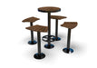 Wabash Valley Commercial Outdoor Thermory Wood Bar Table and Stools Set, round Thermory ash bar table and four curved stools, portable or surface mount, model FA420N, outdoor bar set