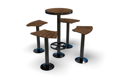 Wabash Valley Commercial Outdoor Thermory Wood Bar Table and Stools Set, round Thermory ash bar table and four curved stools, portable or surface mount, model FA420N, outdoor bar set